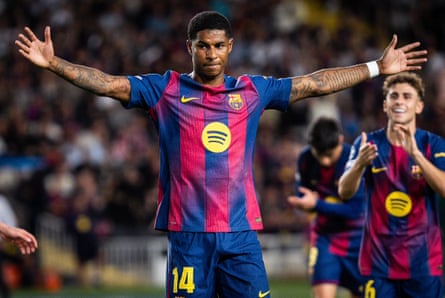 Marcus Rashford celebrates a goal for Barcelona