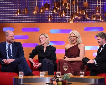 Prince William, Cate Blanchett, Hannah Waddingham and Robert Irwin share a joke on the Graham Norton Show sofa.