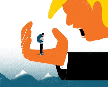 Illustration of a tourist with a backpack on the outstretched hand of a giant Donald Trump and being shouted at by him