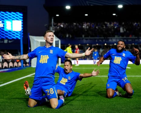 Jay Stansfield celebrates scoring during the Championship match at St. Andrew's