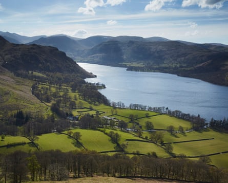 Elevated view of Ullswater and fields
