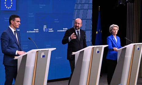 (LtoR) Spain's Prime Minister Pedro Sanchez, European Council President Charles Michel and President of the European Commission Ursula von der Leyen give a press conference as part of the European Union summit at the European headquarters in Brussels, on December 15, 2023.