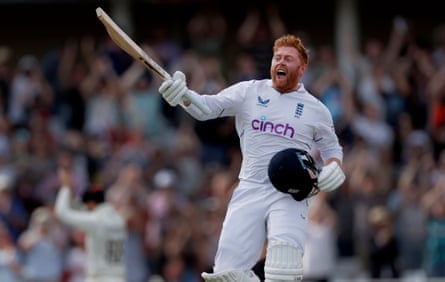 Jonny Bairstow celebrates his historic century on day five of the second Test match between England and New Zealand at Trent Bridge.