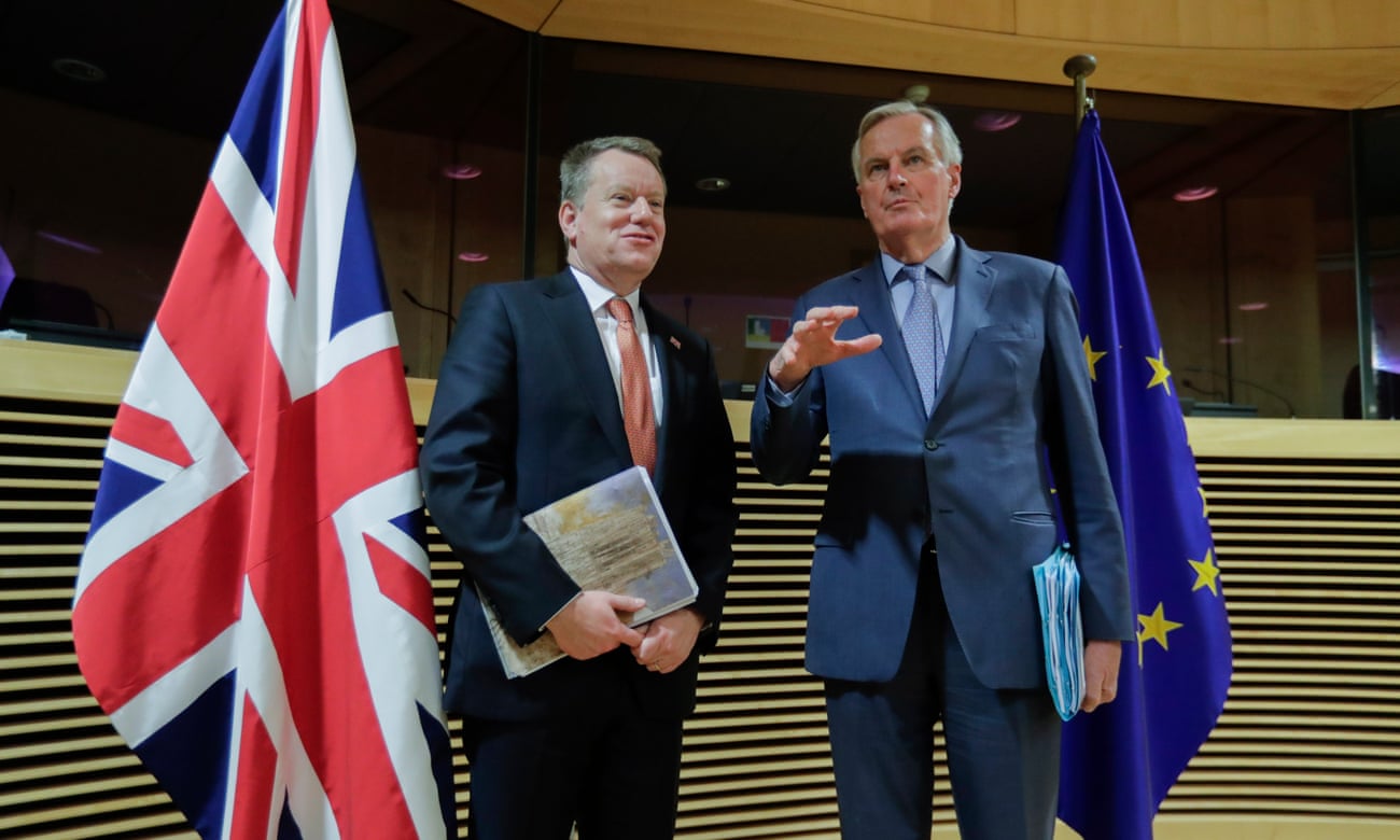 David Frost and Michel Barnier at the start of the first round of post-Brexit trade talks in Brussels, 2 March