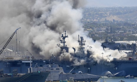 Smoke rises from the USS Bonhomme Richard at Naval Base San Diego in July 2020