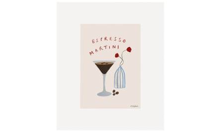 A print of an espresso martini in a glass, with a vase of red flowers and some coffee beans