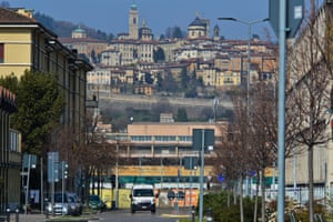 An ambulance arrives at Bergamo’s Humanitas Gavazzeni hospital during the coronavirus crisis in March 2020.