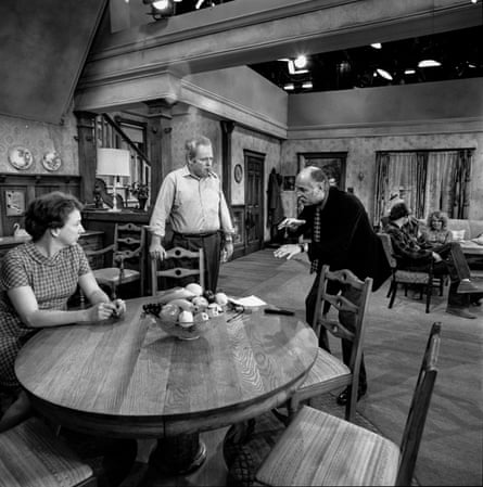 Norman Lear, right, speaks with Jean Stapleton and Carroll O’Connor, center, on the set of All in the Family in 1970.