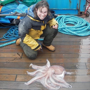 Jan Strugnell with an octopus sample in Antarctica. The octpous here is a Megaleledone setebos.