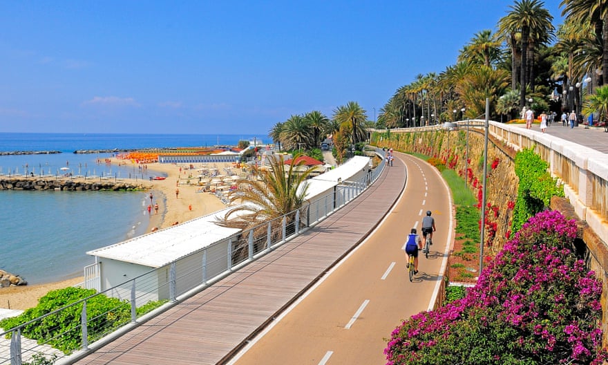 Sanremo sea front with beach and cyclists