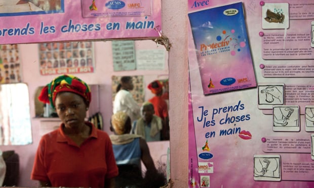 Advertising for contraceptives in a hairdressing salon in Yaounde, Cameroon, West Africa.