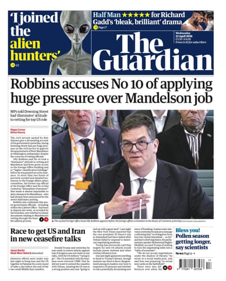 Guardian front page, Wednesday 22 April 2026