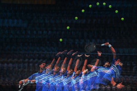A multiple-exposure image shows the serve of Novak Djokovi.