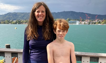 The writer and her son, in Zurich, taking a swim between trains.