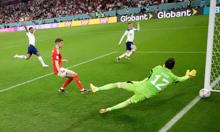 Phil Foden drives home England’s second goal.