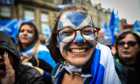 Protesters at a pro-independence march from Holyrood to the Meadows in Edinburgh on 5 October 2019