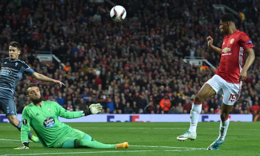 Manchester United’s Marcus Rashford has this attempt saved by Celta Vigo keeper Sergio Alvarez.
