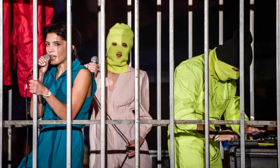 Pussy Riot perform in a metal cage at Banksy’s Dismaland in Somerset, England on 25 September 2015. 