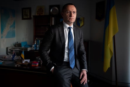 The Ukraine ambassador to Australia Vasyl Myroshnychenko poses for a photograph at the Embassy of Ukraine in Canberra