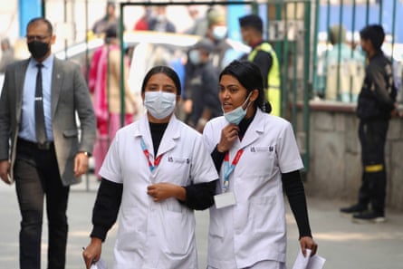 Nurses outside Bir hospital in Kathmandu; the first group of Nepali nurses will start working for the NHS in the autumn.
