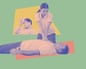 A man holds an ice pack to his head and a woman administers chest compressions as part of CPR.