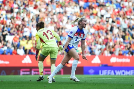 Alessia Russo wheels away after putting England ahead against Spain.