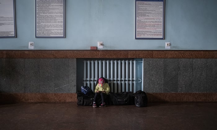 Ukrainian displaced people at the central station in Lviv, Ukraine.
