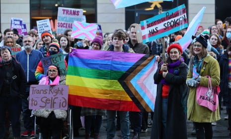 Trans rights protesters in Edinburgh demonstrate against the UK government’s decision to block Scotland’s gender recognition bill