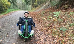 The author’s sister, Lisa, on her battery-assisted handcycle in Dalby Forest.