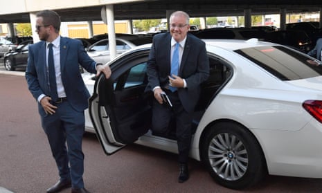 Scott Morrison arrives for the leaders debate at Seven West Media studios in Perth on Monday.