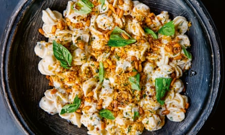 Pasta with yoghurt and parsley breadcrumbs.