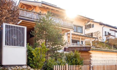 A modern heat pump in front of a residential building in Bavaria, Germany.