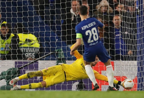 Trapp saves the penalty from Azpilicueta.