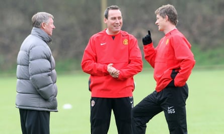 Sir Alex Ferguson and coach René Meulensteen with Ole Gunnar Solskjaer during training at Manchester United’s Carrington base in 2007