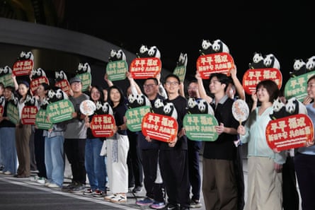 group of people stand outside in dark holding red and green signs with photos of two pandas