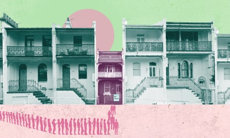 Illustration of people lining up to inspect houses