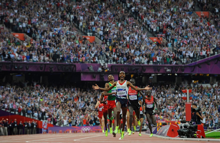 The stadium erupts as Mo Farah crosses the finishing line and wins the men’s 5,000m at London 2012.