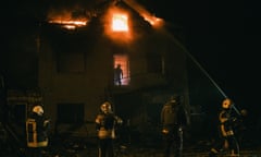 Russian attack on Ukraine's Kharkiv<br>KHARKIV, UKRAINE - APRIL 29: Firefighters extinguish a fire in a civilian private house in the Saltovsky district of Kharkiv, after a massive Russian drone attack on the city of Kharkiv, Ukraine, Tuesday evening, April 29, 2025. (Photo by George Ivanchenko/Anadolu via Getty Images)
