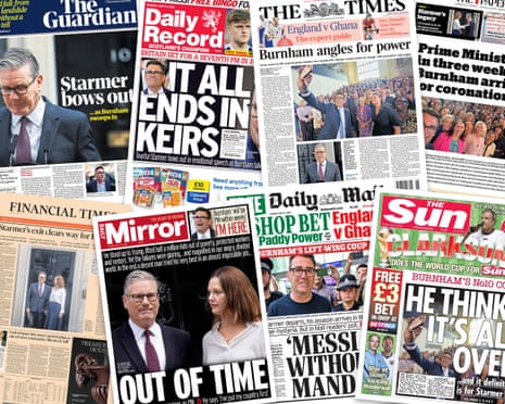 A composite featuring front pages from the Guardian, Daily Record, The Times, i, Financial Times, The Mirror, Daily Mail and The Sun