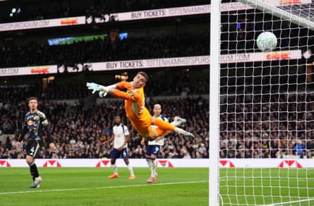 Mathys Tel places his shot past goalkeeper Karl Darlow for Tottenham’s breakthrough