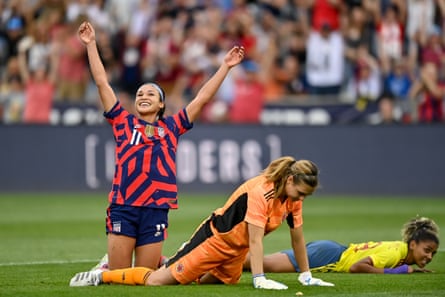 Sophia Smith celebrates after scoring against Colombia in June