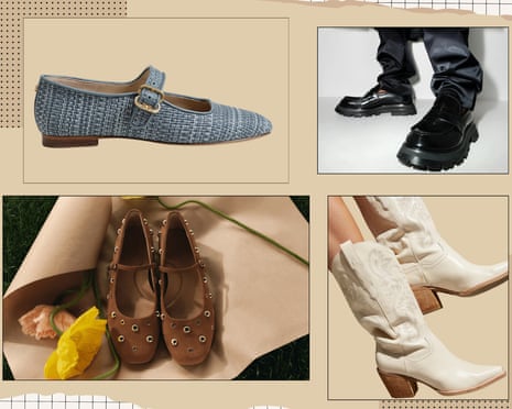 A photo composition of flats, loafers and boots against a beige background