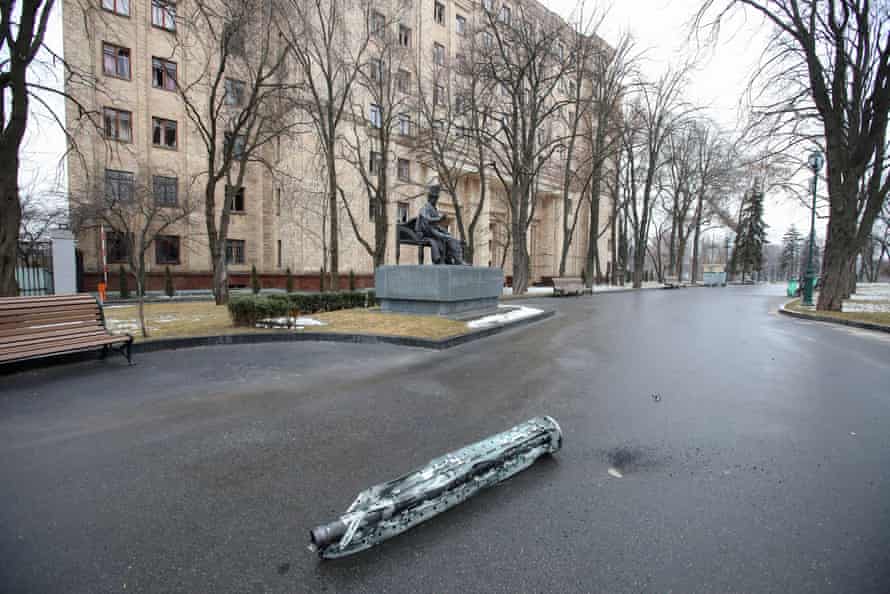 An empty cluster ammunition case in a street in Kharkiv, Ukraine.