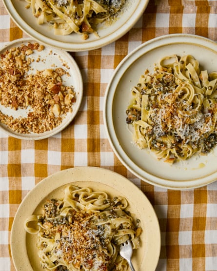 Stuart Gillies’ braised lentils with tagliatelle and toasted brioche crumbs.