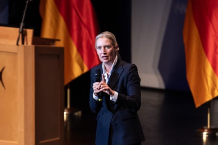 Weidel speaks into a microphone on stage, with flags behind her