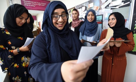Aasia Majid reacts with delight at her A-level results at Tauheedul Islam girls’ high school in Blackburn.