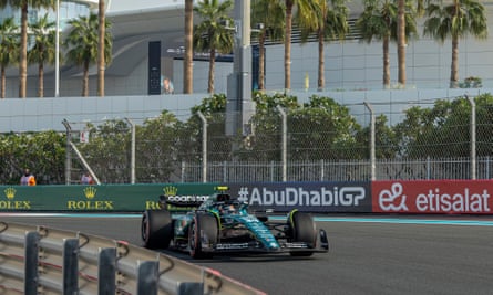 Aston Martin’s Felipe Drugovich driving during practice in Abu Dhabi