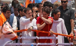 Rahul Gandhi, the president of India’s main opposition Congress party, and his sister Priyanka Gandhi Vadra wave to supporters before he files his nomination papers.