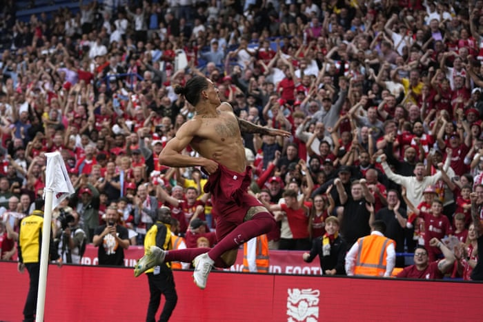 Darwin Nunez, Liverpool player, celebrates after scoring his team's third goal.