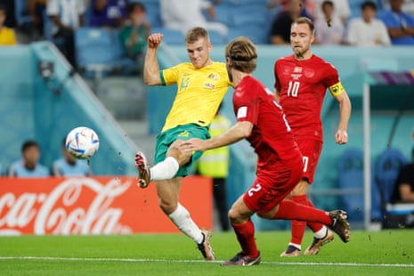 Australia v Denmark: World Cup 2022 – live | World Cup 2022 5 Riley McGree looks to make a dent in the Danish defence.